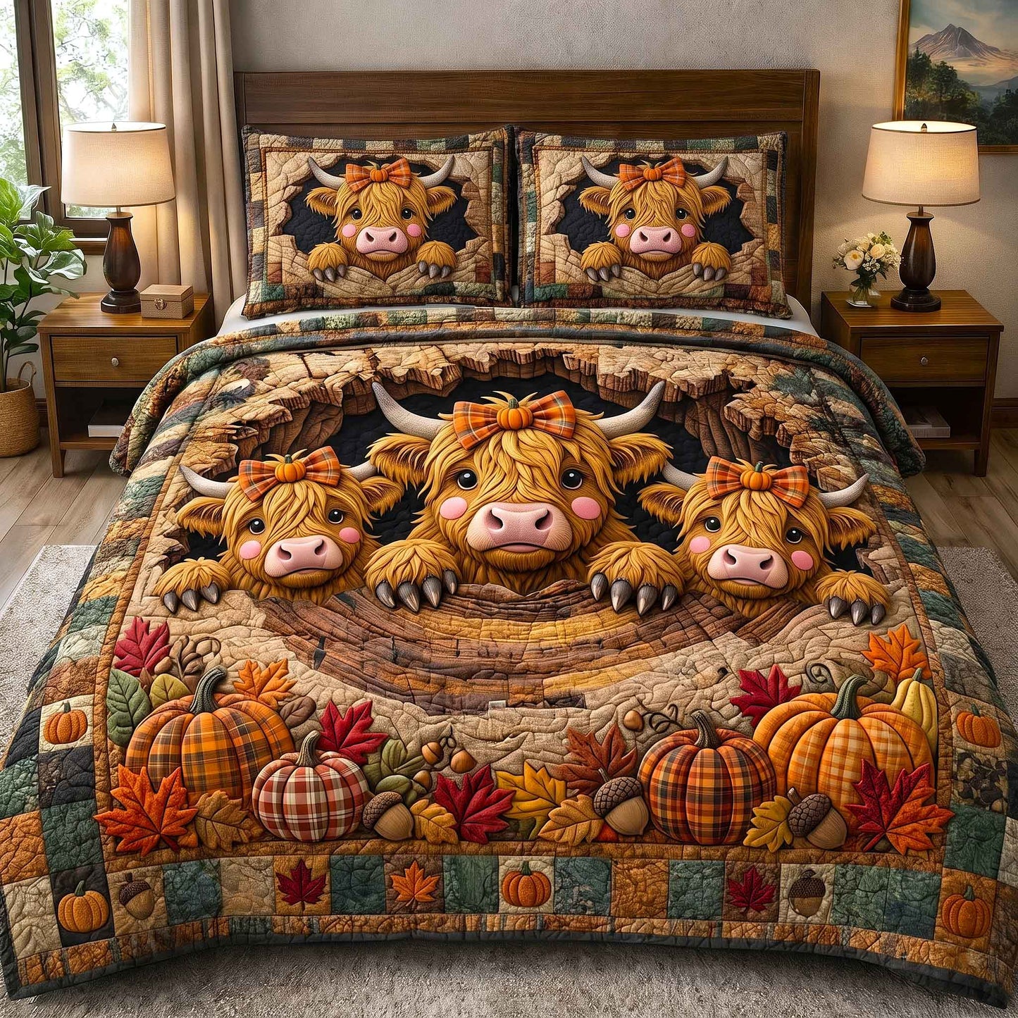 Fall Highland Cow 3-Piece Quilted Bedding Set GFTOTP21158