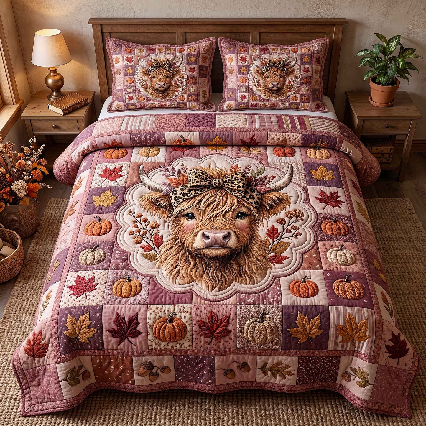 Fall Highland Cow 3-Piece Quilted Bedding Set GFTOTP21161