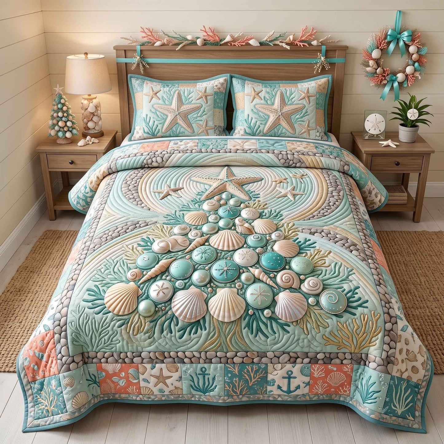 Seashell Christmas 3-Piece Quilted Bedding Set GFTOTP21251