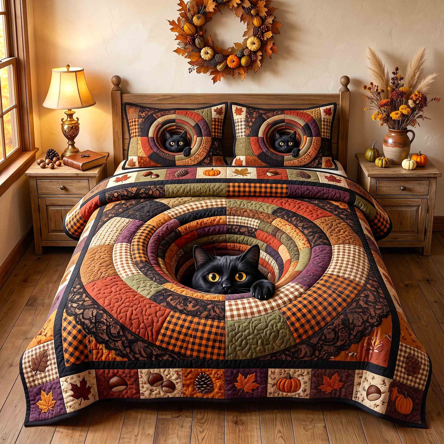 Pumpkin Cat Whimsy 3-Piece Quilted Bedding Set GFTOTP21297