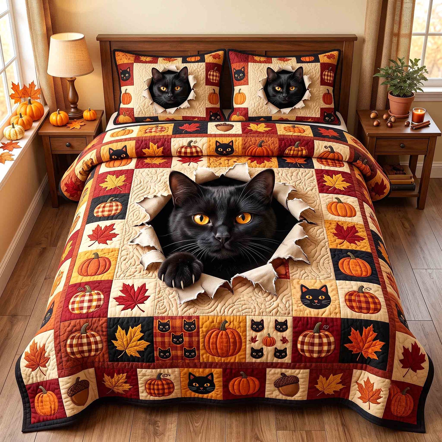 Pumpkin Cat Whimsy 3-Piece Quilted Bedding Set GFTOTP21298