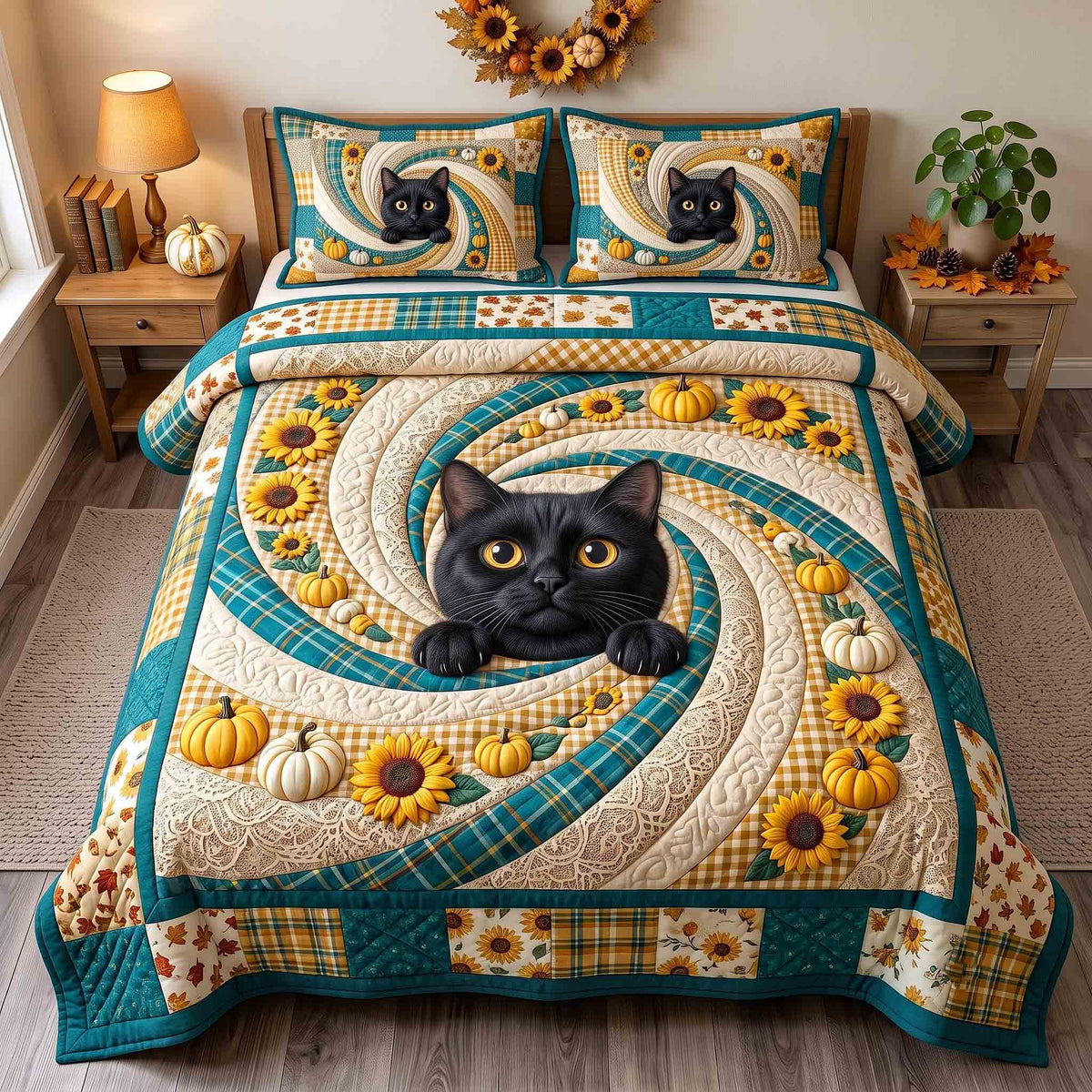 Pumpkin Cat Whimsy 3-Piece Quilted Bedding Set GFTOTP21299