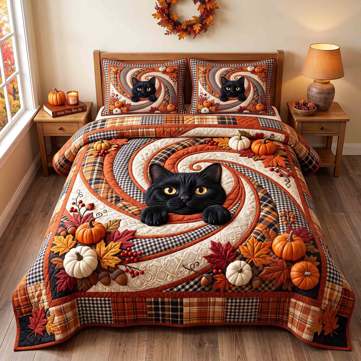Pumpkin Cat Whimsy 3-Piece Quilted Bedding Set GFTOTP21300
