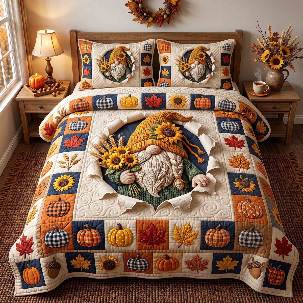 Fall Gnome 3-Piece Quilted Bedding Set GFTOTP21319