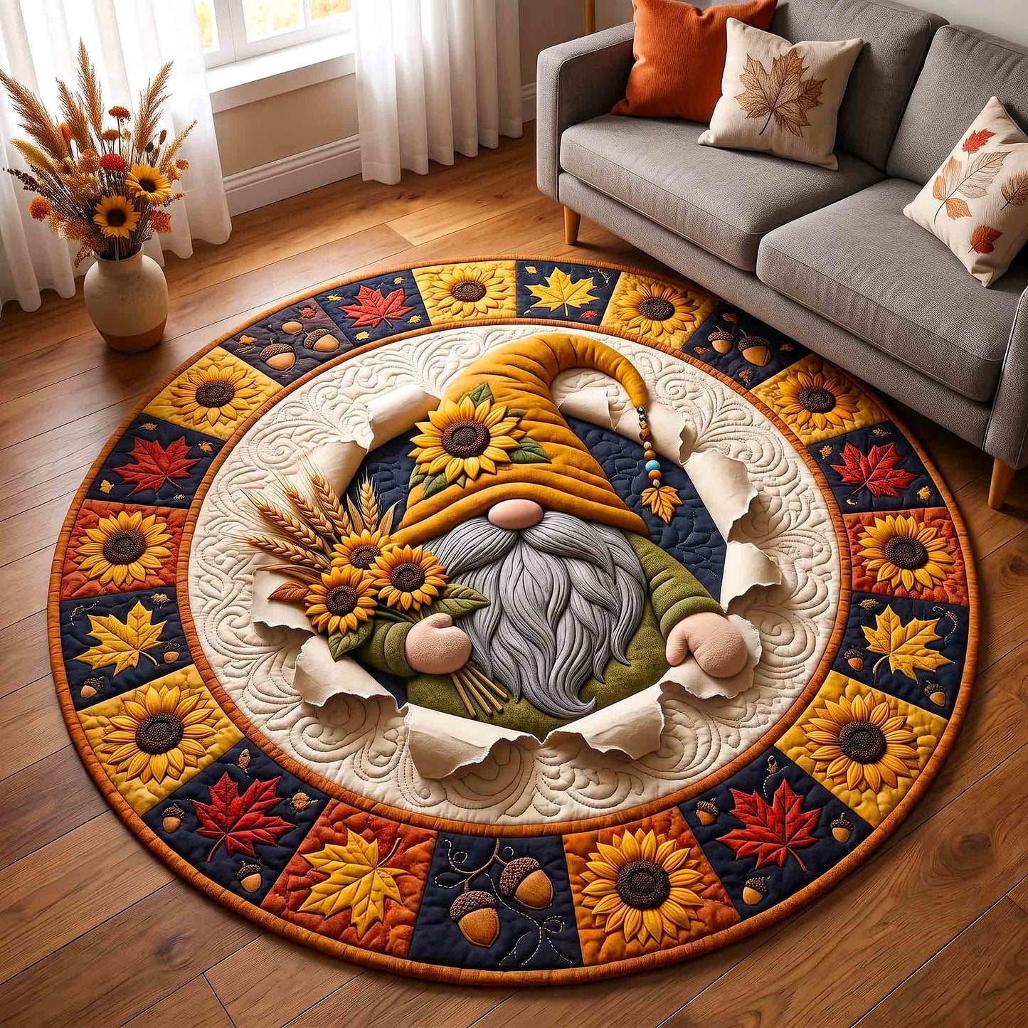 Golden Harvest Gnome Quilted Round Mat GFTOTP21412