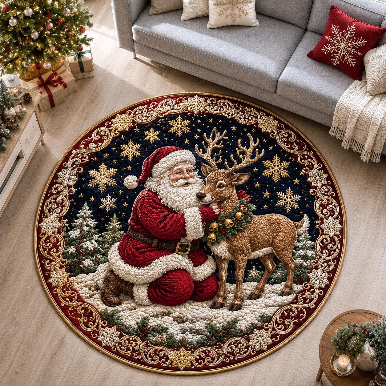 Santa Reindeer Embrace Quilted Round Mat GFTOTP21417