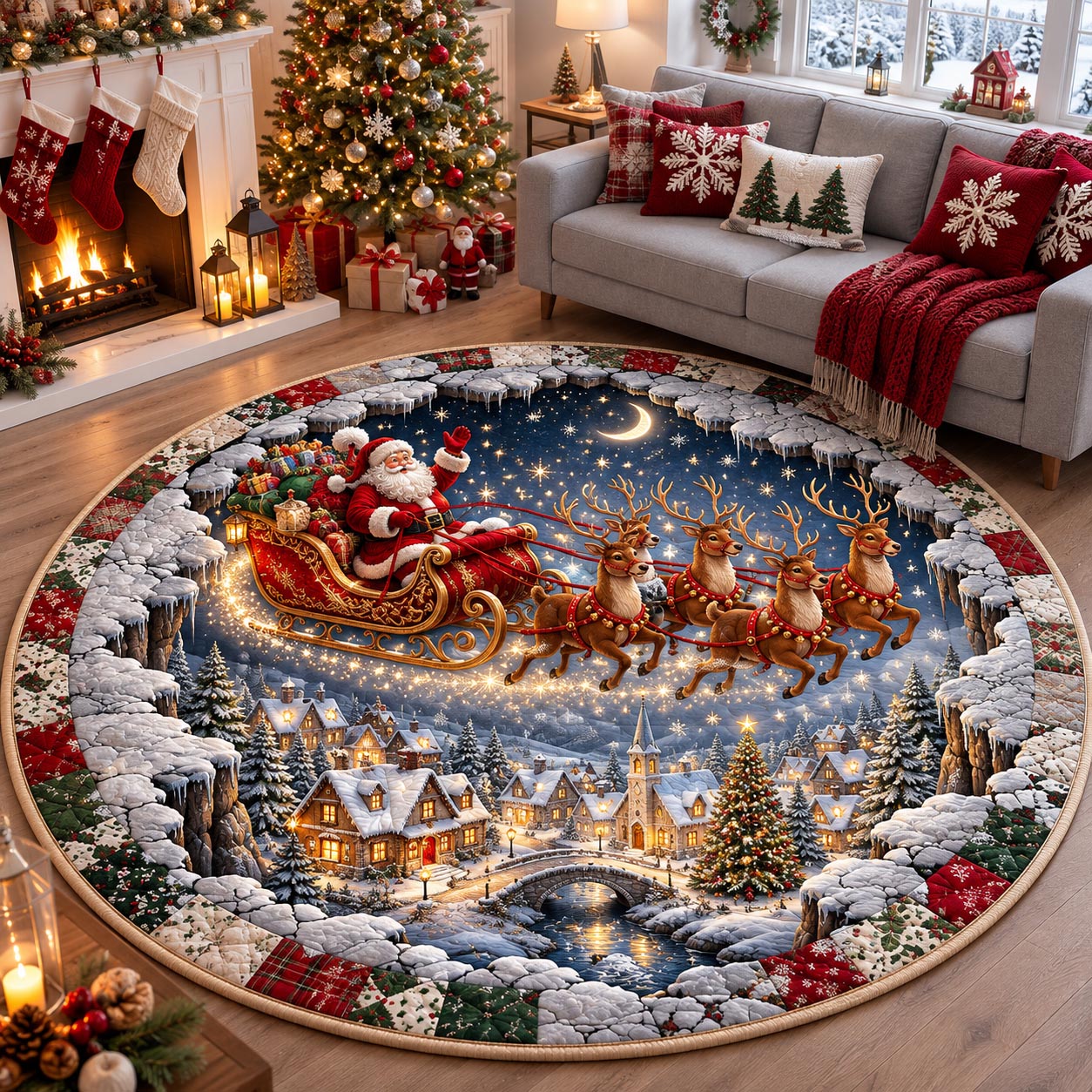 Santa Midnight Flight Quilted Round Mat GFTOTP21418