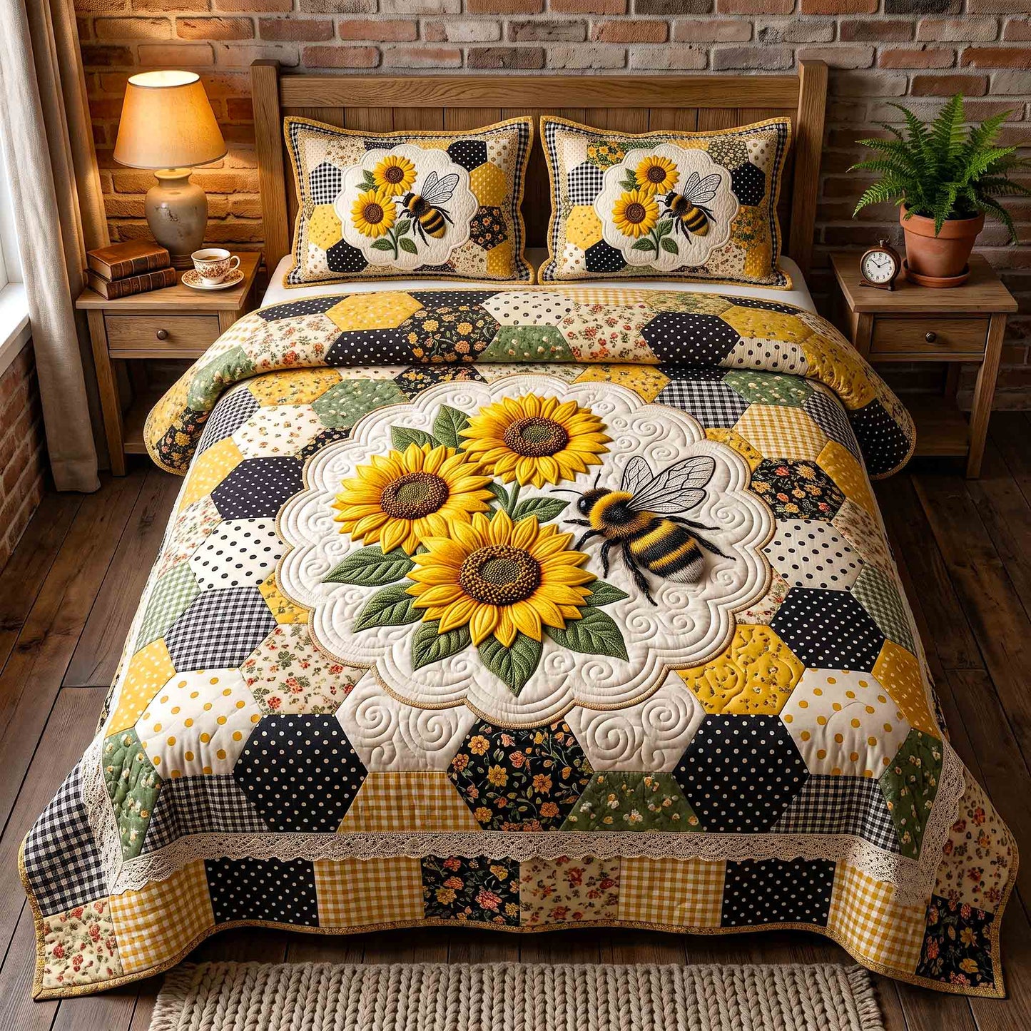 Bumblebee Sunflower Patch 3-Piece Quilted Bedding Set GFTOTP21429