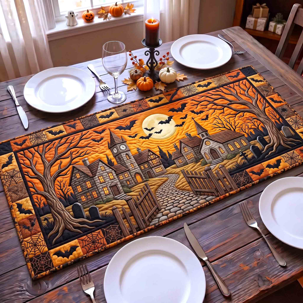 Spooky Moonlight Town Quilted Table Runner GFTOTP21462