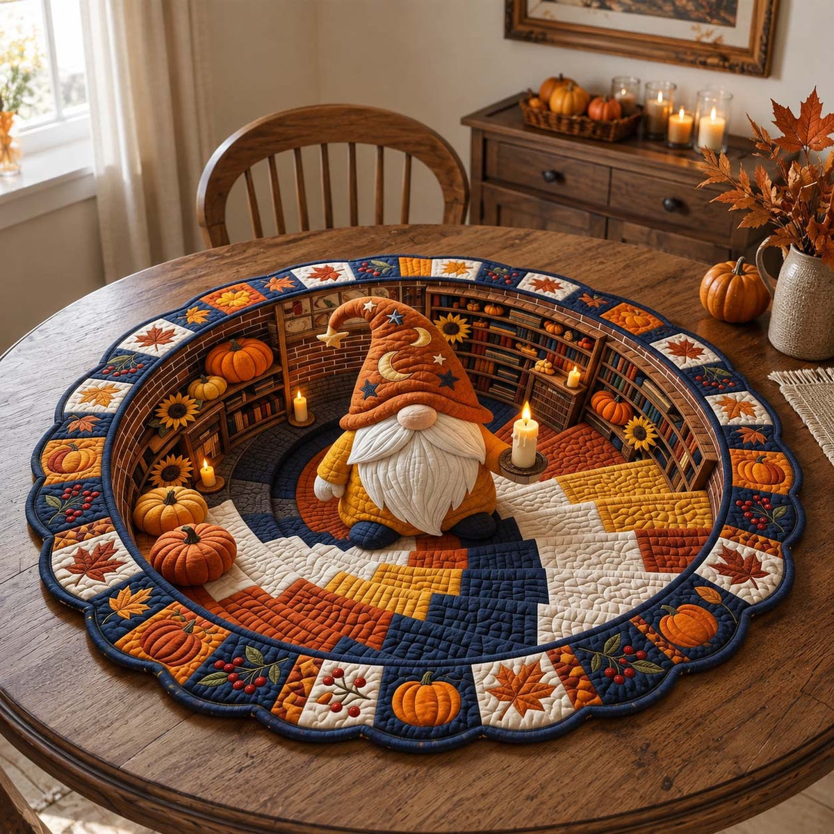 Fall Gnome Custom Shape Quilted Table Topper GFTOTP21485
