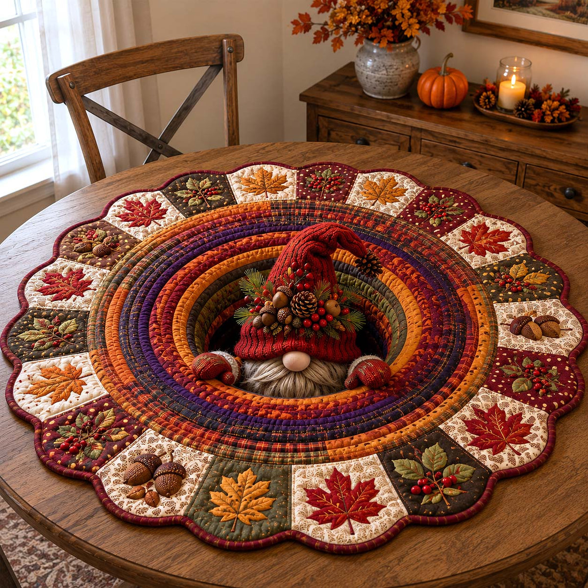 Harvest Ring Gnome Custom Shape Quilted Table Topper GFTOTP21486