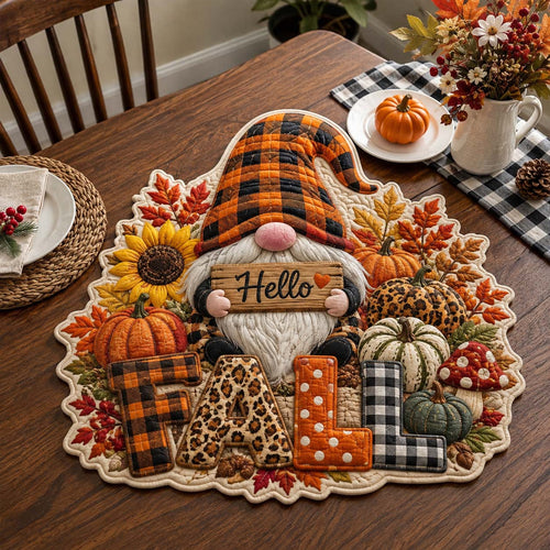 Hello Fall Gnome Custom Shape Quilted Table Topper GFTOTP21489