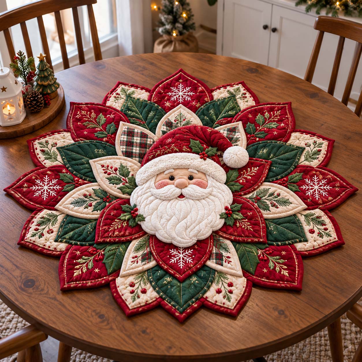 Santa Poinsettia Bloom Custom Shape Quilted Table Topper GFTOTP21510
