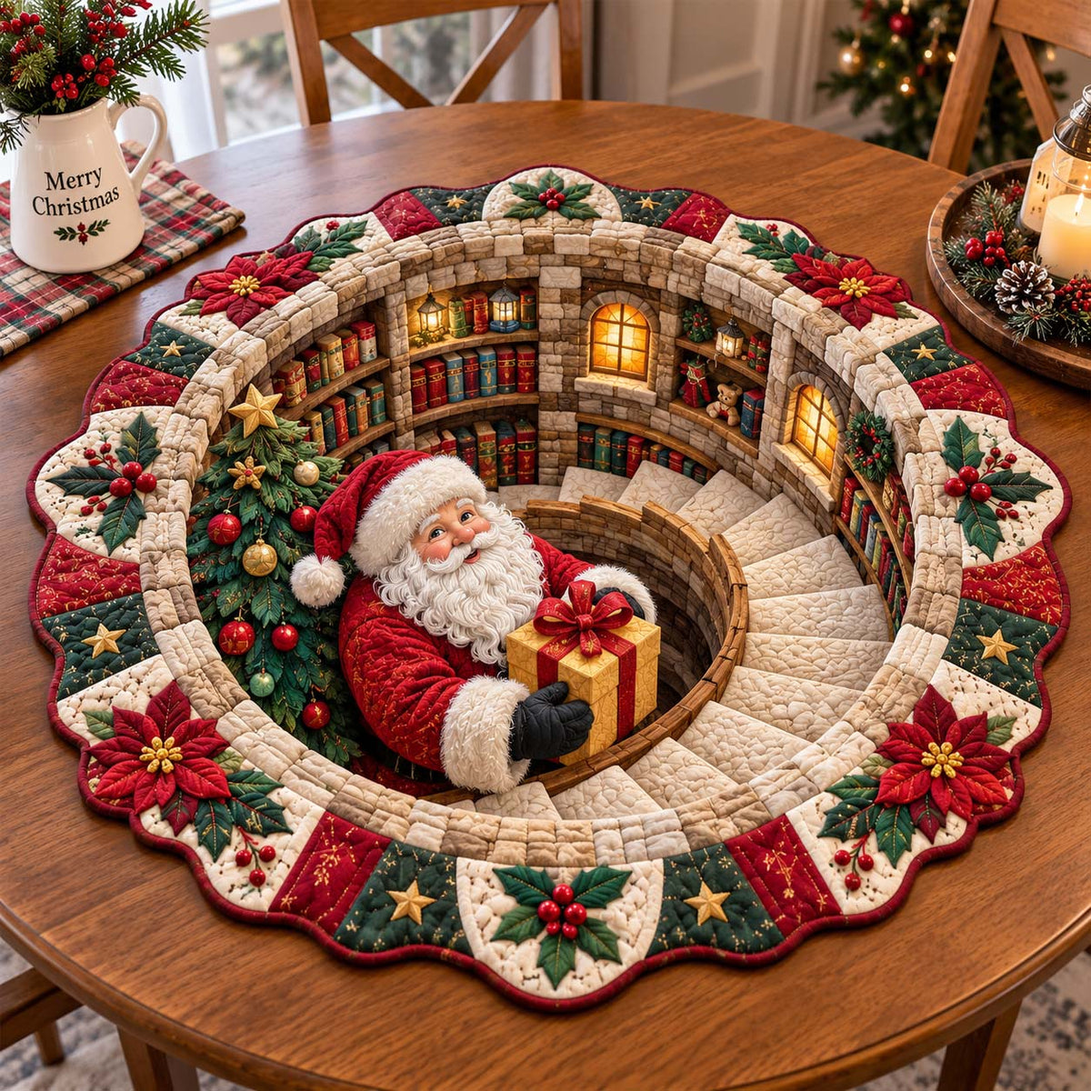 Spiral Library Santa Custom Shape Quilted Table Topper GFTOTP21514