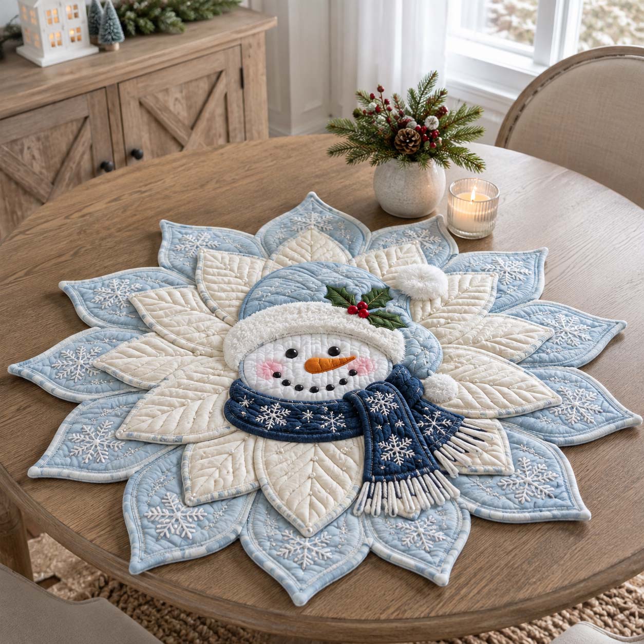 Frosty Snowman Bloom Custom Shape Quilted Table Topper GFTOTP21516
