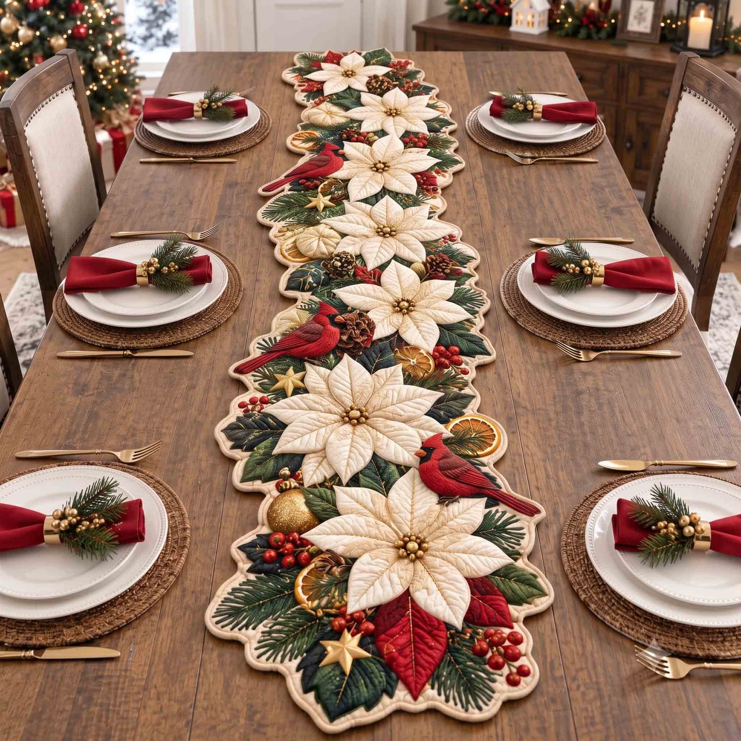 Poinsettia Charm Custom Shape Quilted Table Runner GFTOTP21524