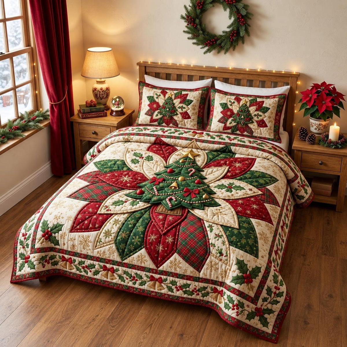 Tree Poinsettia 3-Piece Quilted Bedding Set GFTOTP21577