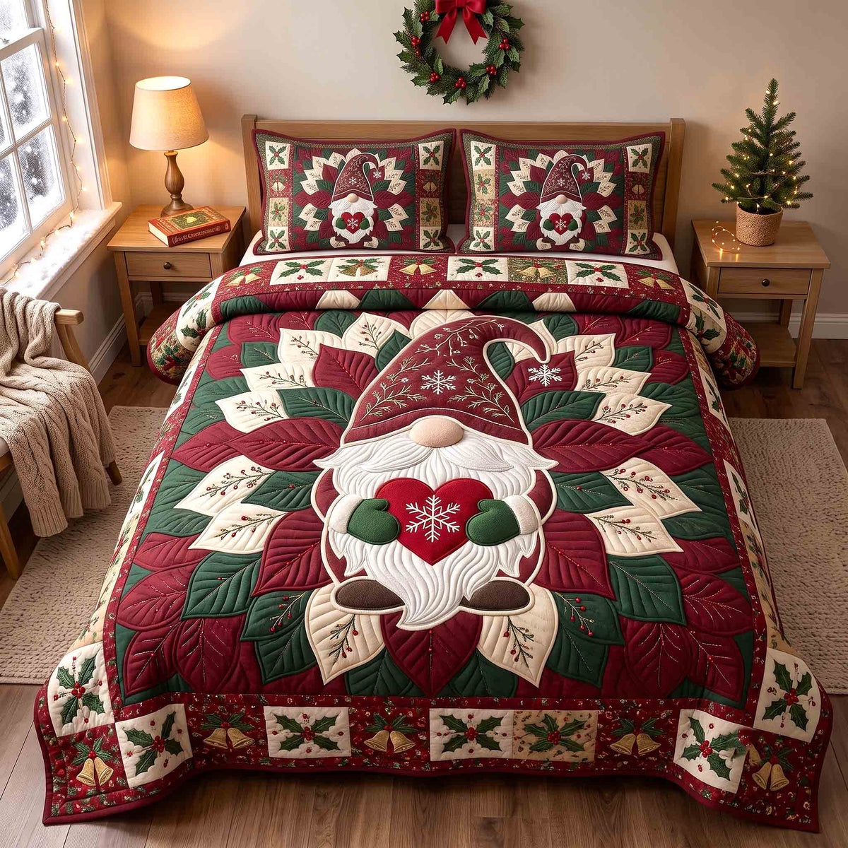 Christmas Gnome Heart 3-Piece Quilted Bedding Set GFTOTP21578