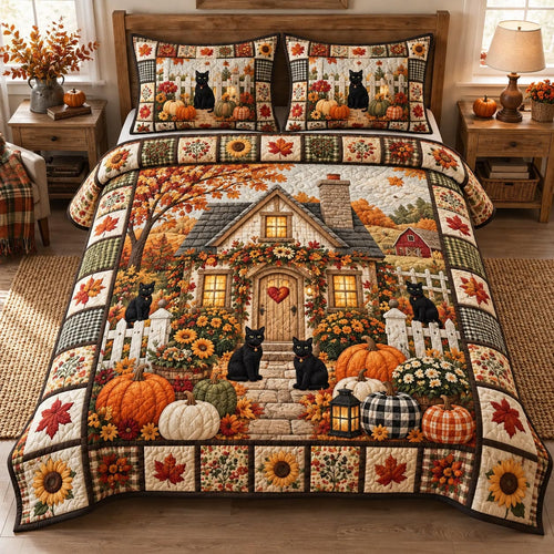 Autumn Cat Cottage 3-Piece Quilted Bedding Set GFTOTP21596