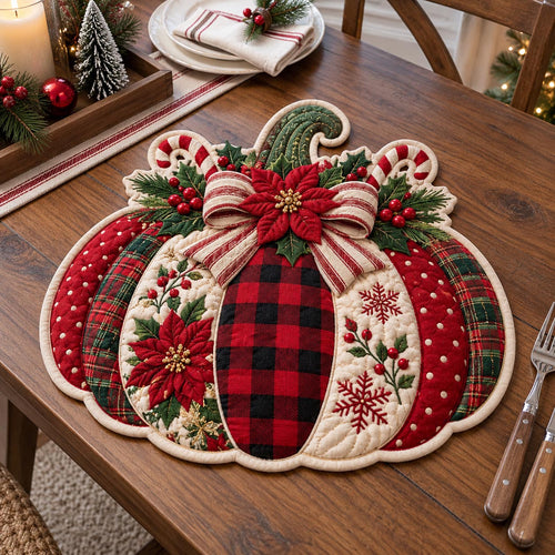 Holiday Poinsettia Pumpkin Custom Shape Quilted Placemat GFTOTP21608