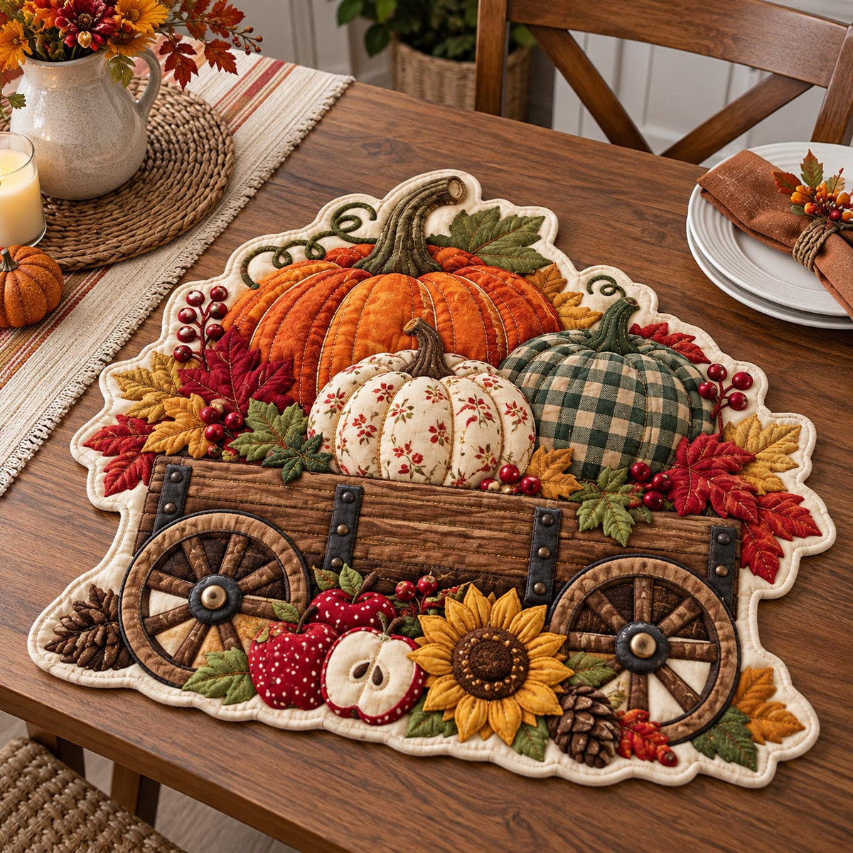 Harvest Pumpkin Wagon Custom Shape Quilted Placemat GFTOTP21609