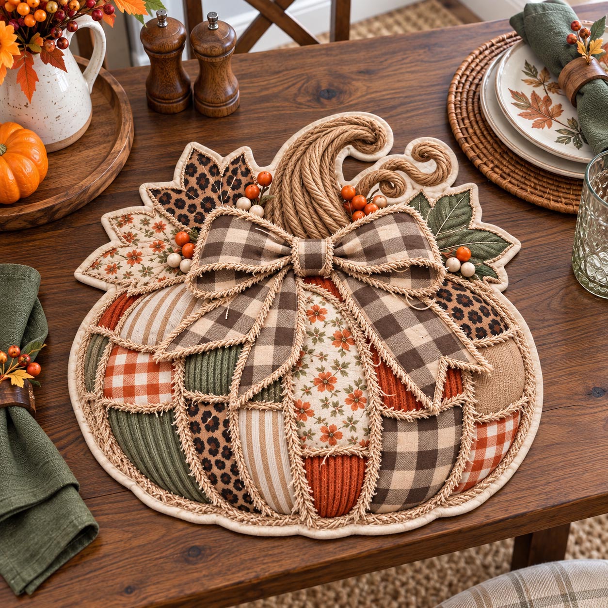 Rustic Patchwork Pumpkin Custom Shape Quilted Placemat GFTOTP21611