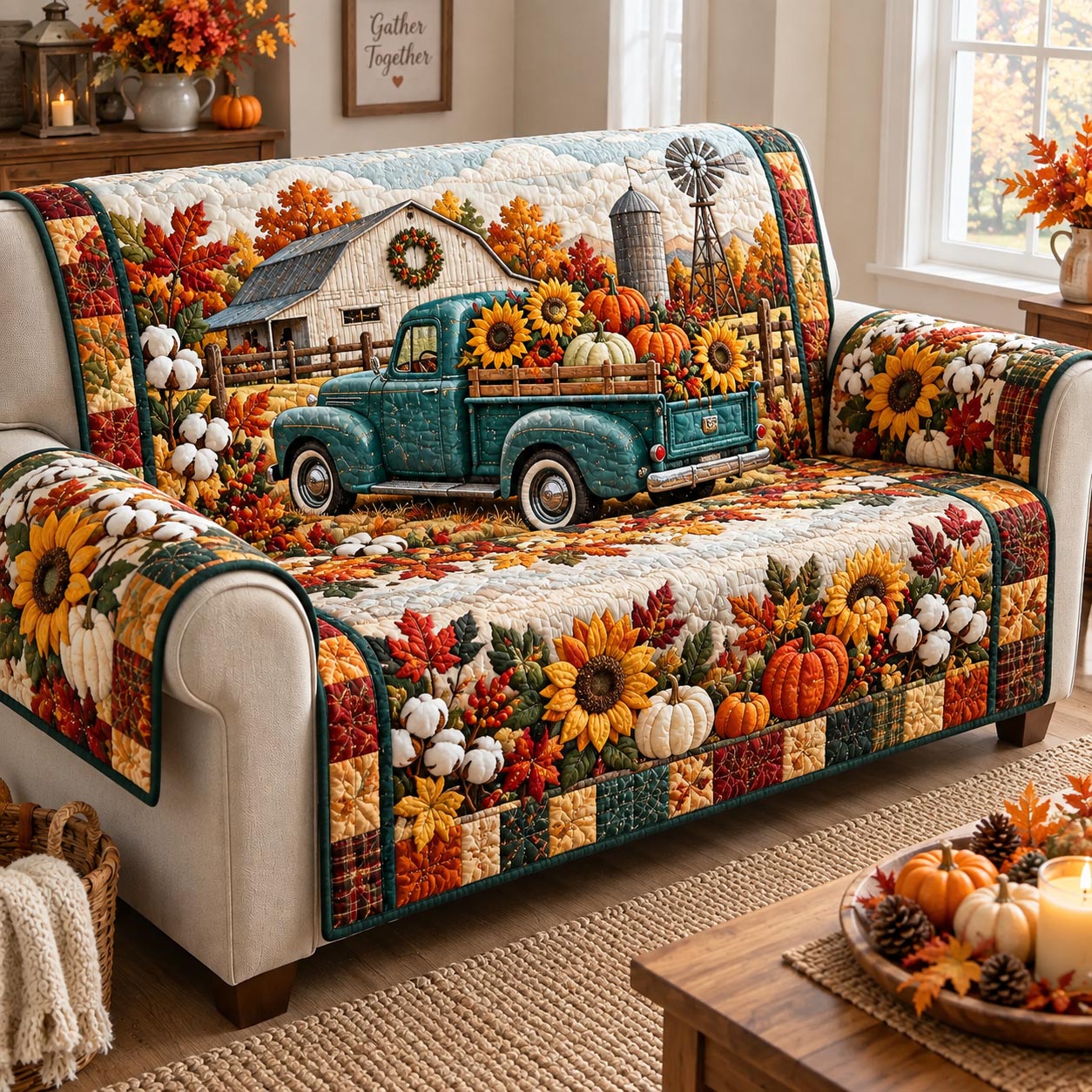 Teal Farmhouse Truck Quilted Sofa Cover GFTOTP21615
