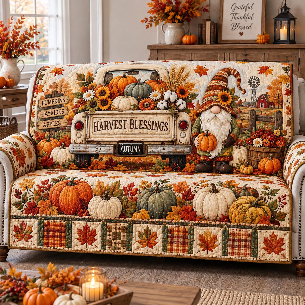 Harvest Blessings Gnome Quilted Sofa Cover GFTOTP21616