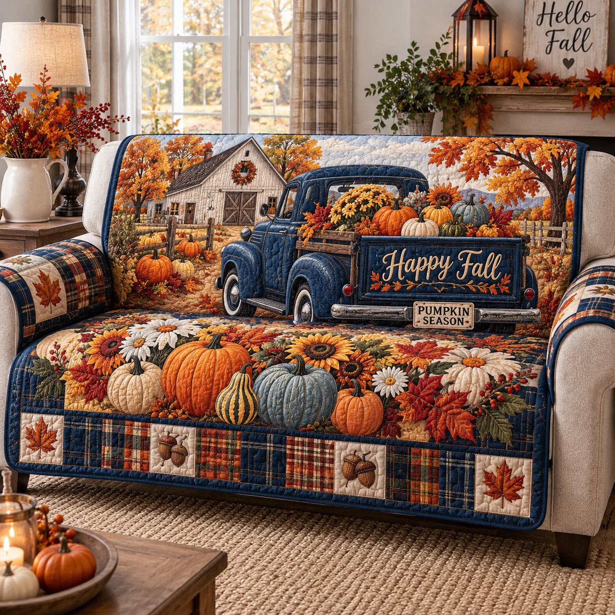 Blue Truck Harvest Quilted Sofa Cover GFTOTP21617