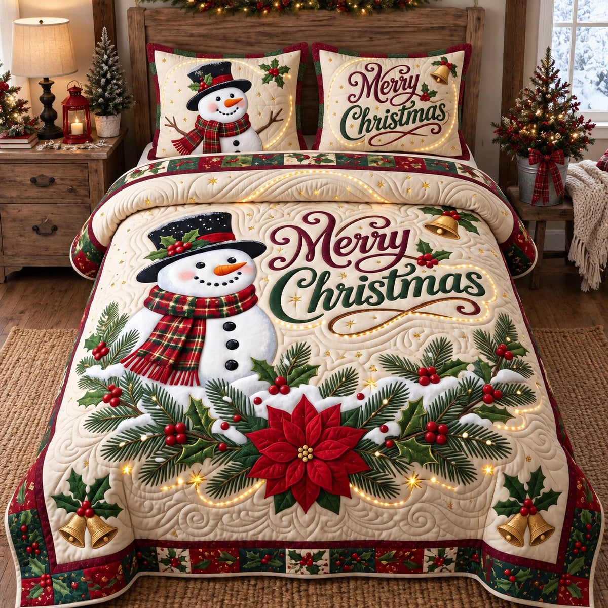 Christmas Poinsettia Snowman 3-Piece Quilted Bedding Set GFTOTP21649