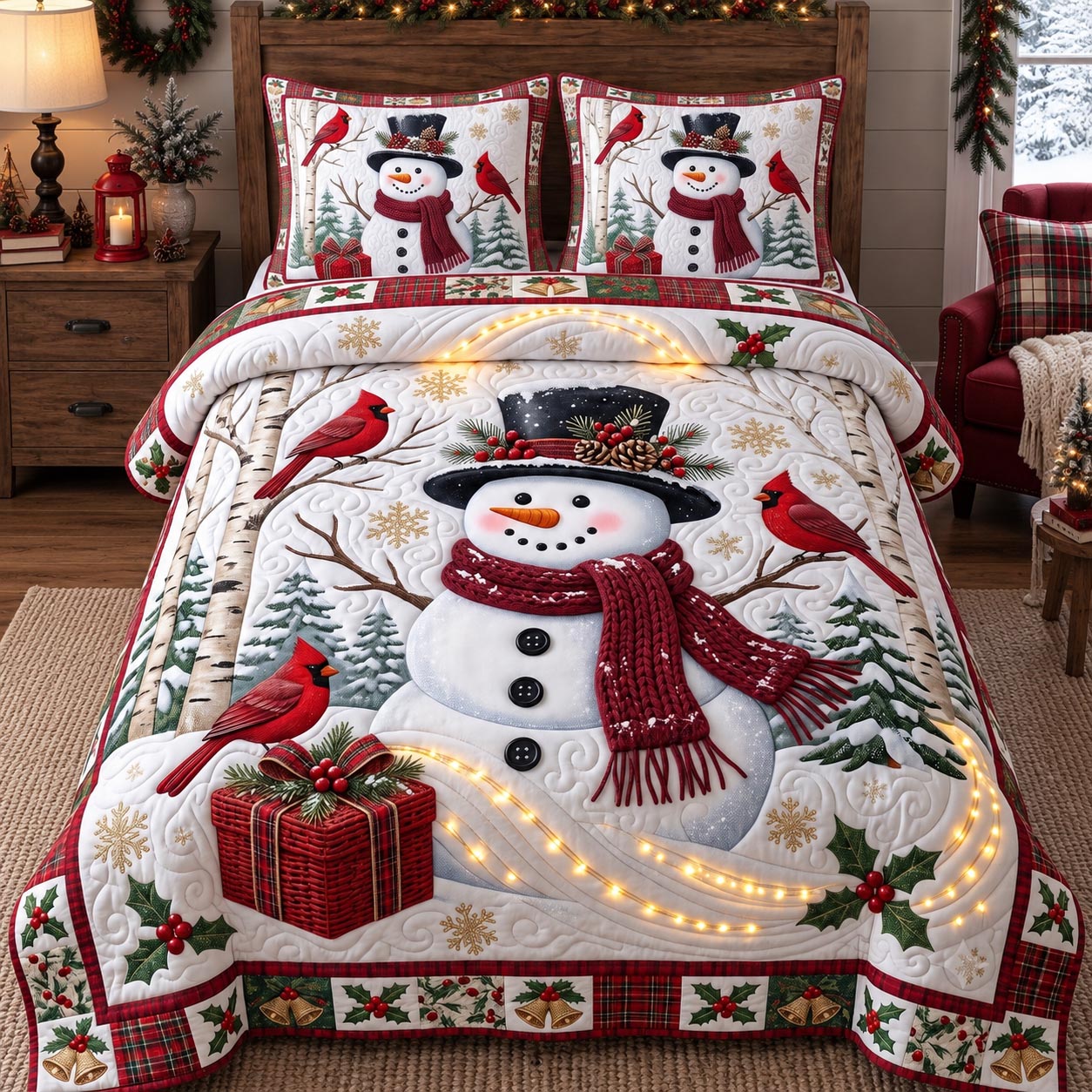 Snowman Cardinal Winter 3-Piece Quilted Bedding Set GFTOTP21650