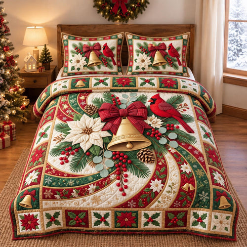 Christmas Bell Cardinal 3-Piece Quilted Bedding Set GFTOTP21768