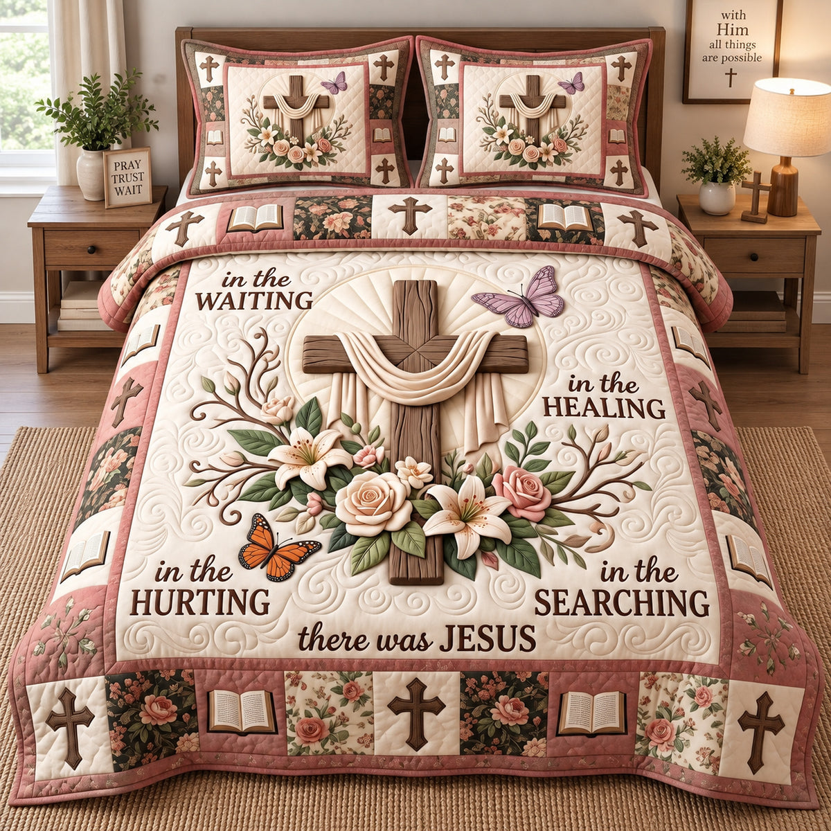 Rose Butterfly Cross 3-Piece Quilted Bedding Set GFTOTP21780
