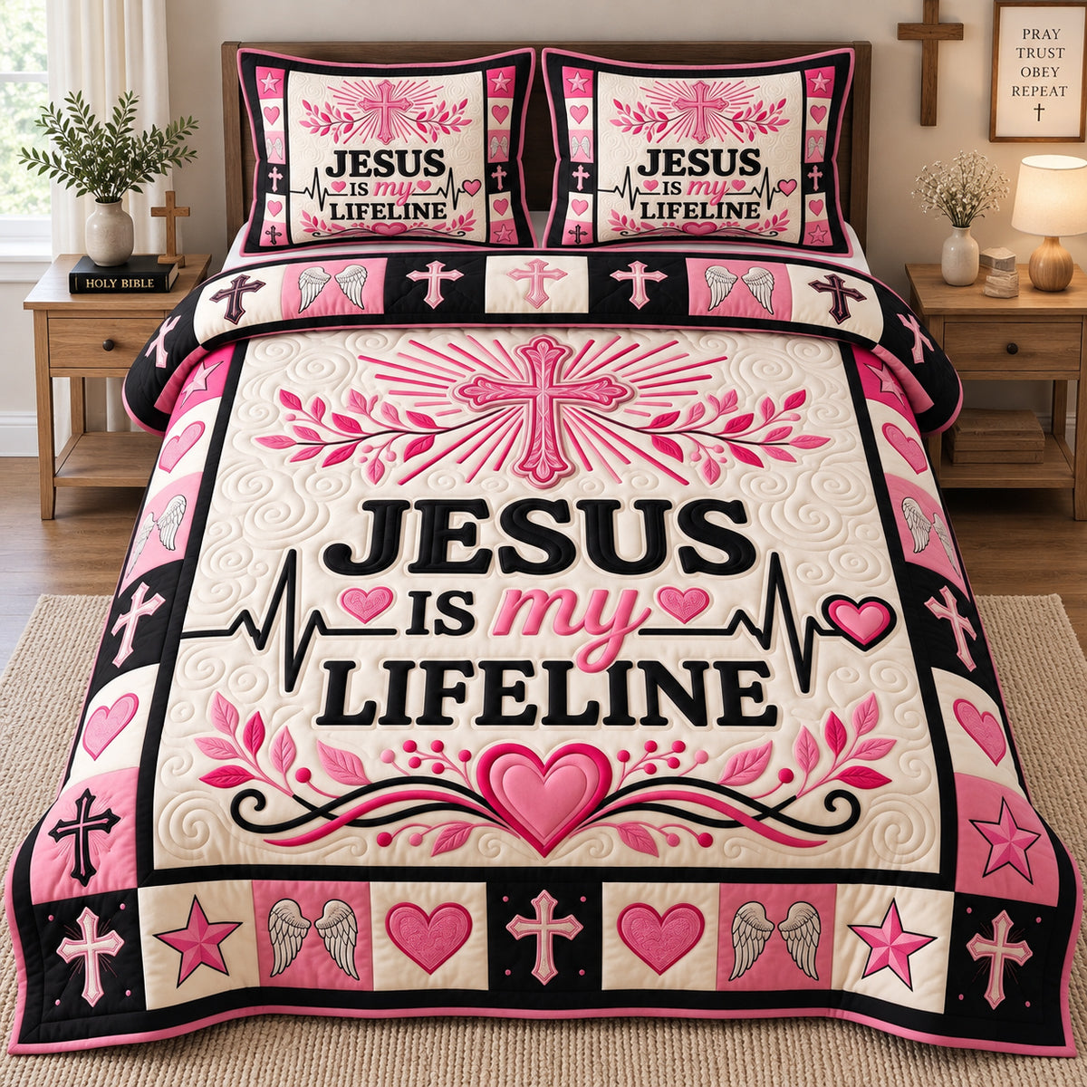Radiant Heartbeat Cross 3-Piece Quilted Bedding Set GFTOTP21784