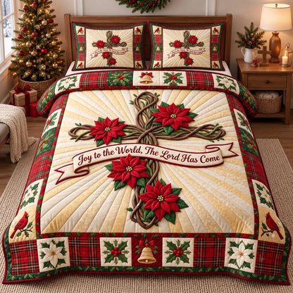 Joyful Poinsettia Cross 3-Piece Quilted Bedding Set GFTOTP21790