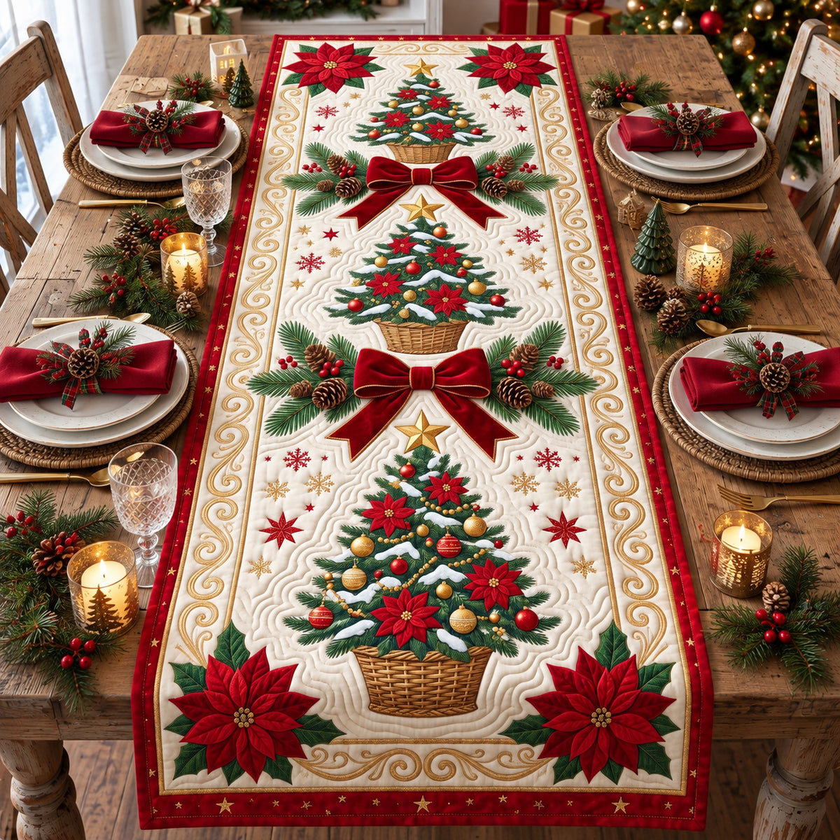 Poinsettia Pine Tree Quilted Table Runner GFTOTP21796