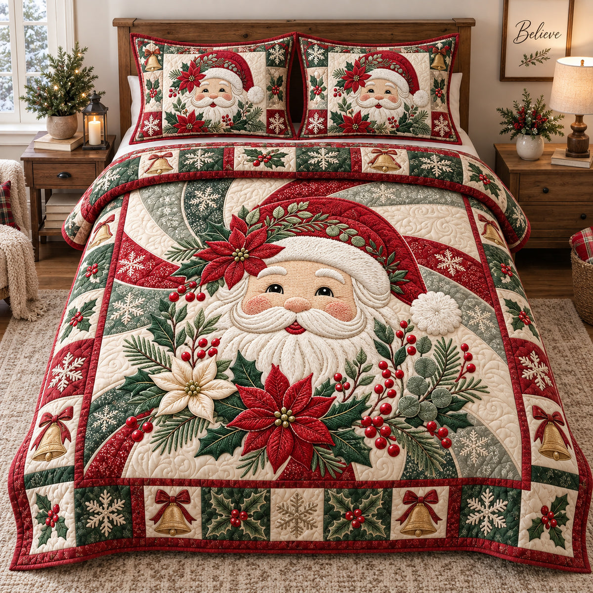 Poinsettia Santa Swirl 3-Piece Quilted Bedding Set GFTOTP21821