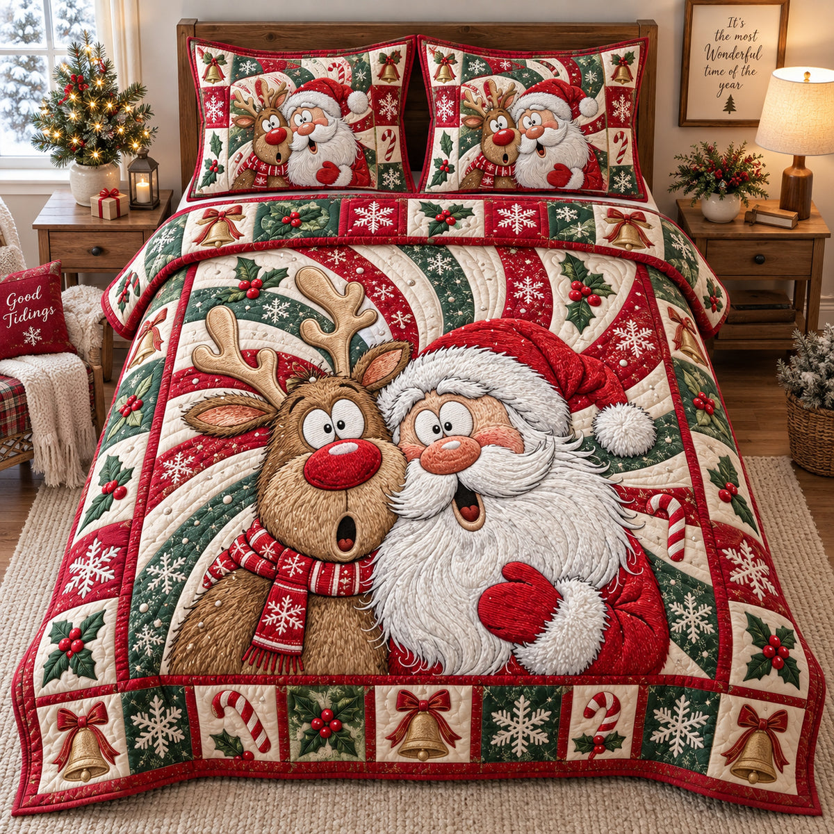 Jolly Santa Reindeer 3-Piece Quilted Bedding Set GFTOTP21822