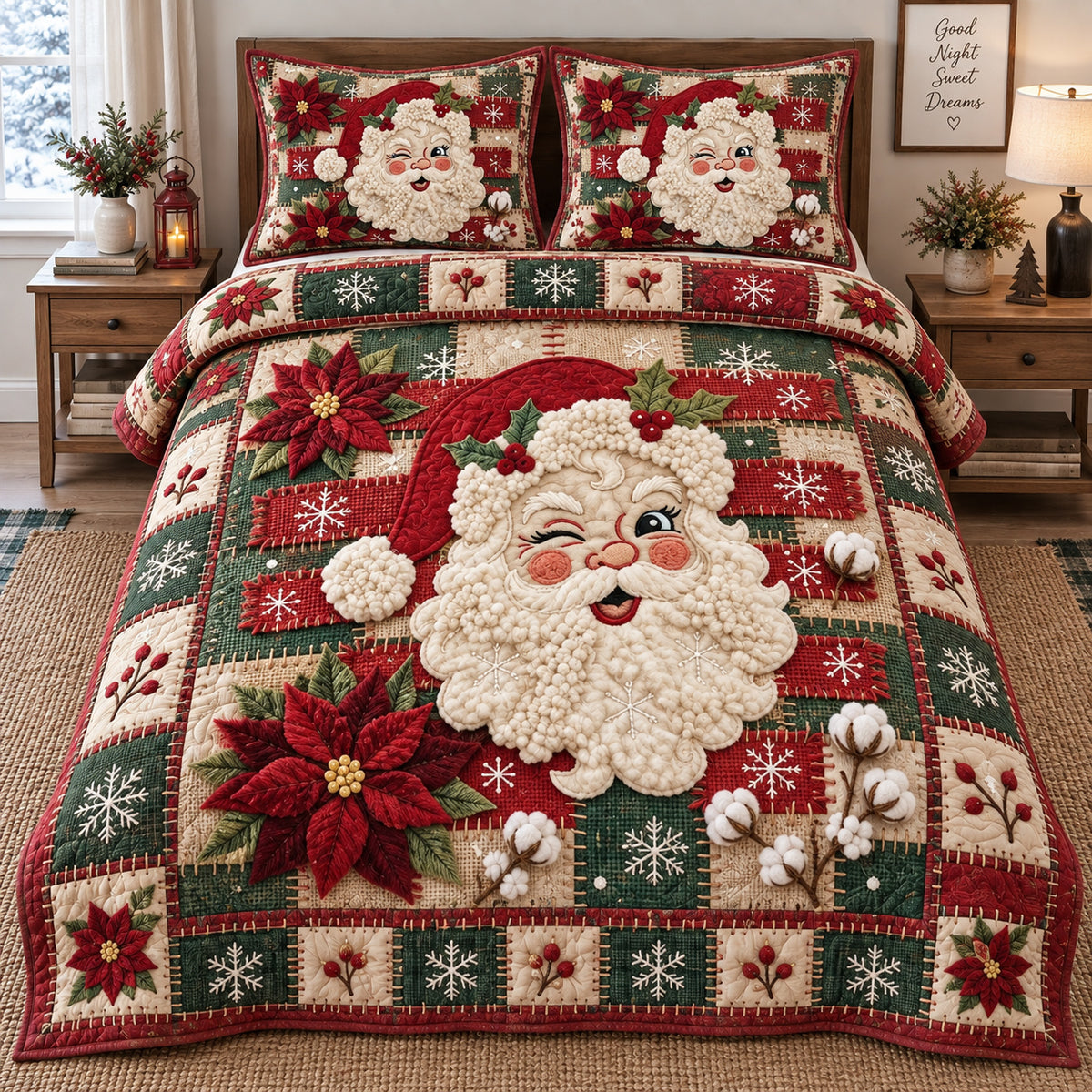 Rustic Winking Santa 3-Piece Quilted Bedding Set GFTOTP21823