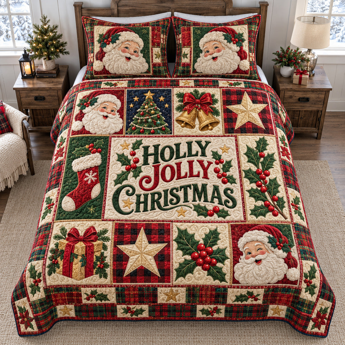 Holly Jolly Santa 3-Piece Quilted Bedding Set GFTOTP21825