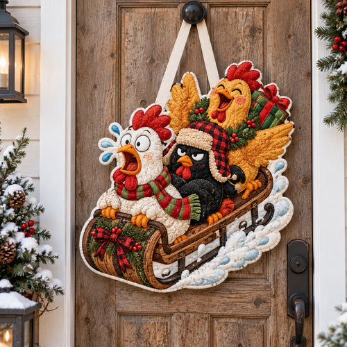 Sledding Chicken Trio Custom Shape Quilted Door Hanger GFTOTP21870