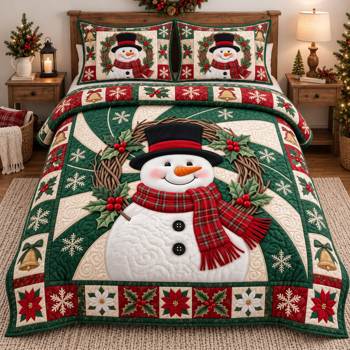 Wreath Snowman Swirl 3-Piece Quilted Bedding Set GFTOTP21875