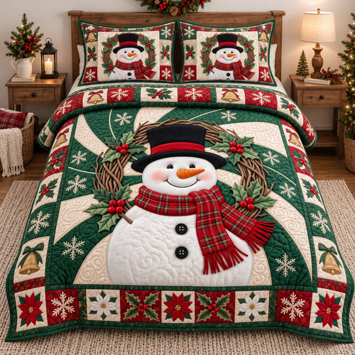 Wreath Snowman Swirl 3-Piece Quilted Bedding Set GFTOTP21875