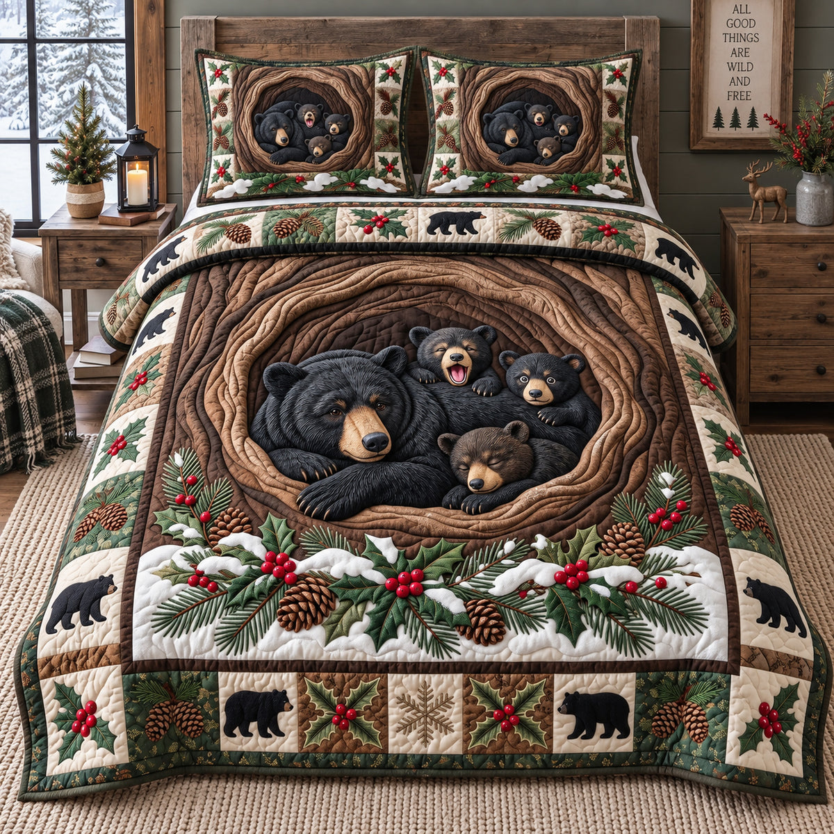 Winter Bear Family 3-Piece Quilted Bedding Set GFTOTP21879