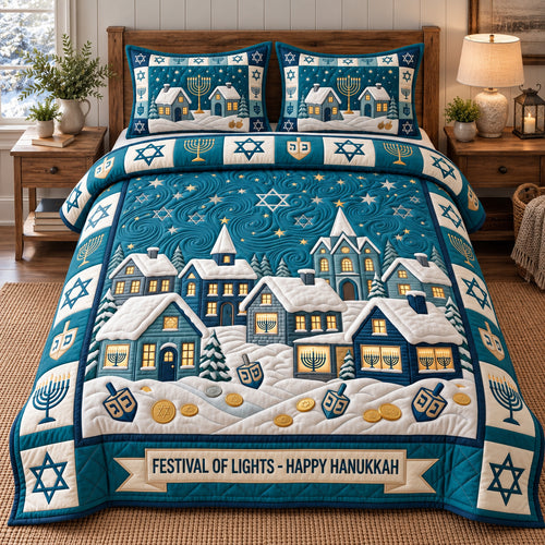 Winter Hanukkah Village 3-Piece Quilted Bedding Set GFTOTP21924