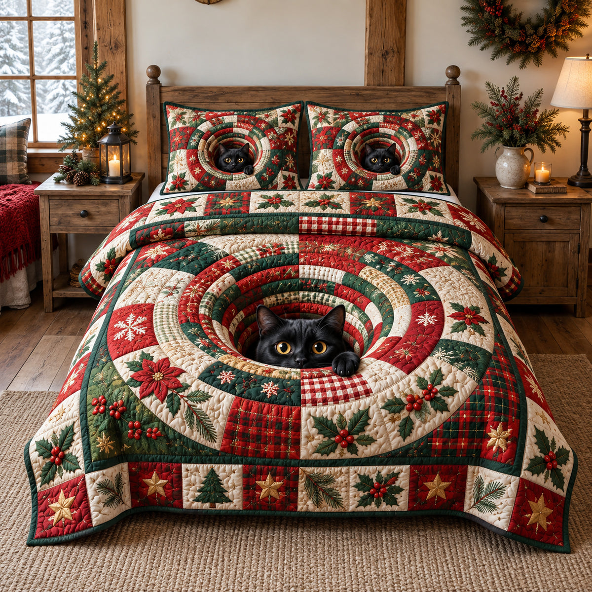 Festive Swirl Cat 3-Piece Quilted Bedding Set GFTOTP21969