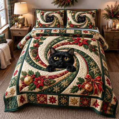 Festive Swirl Cat 3-Piece Quilted Bedding Set GFTOTP21970