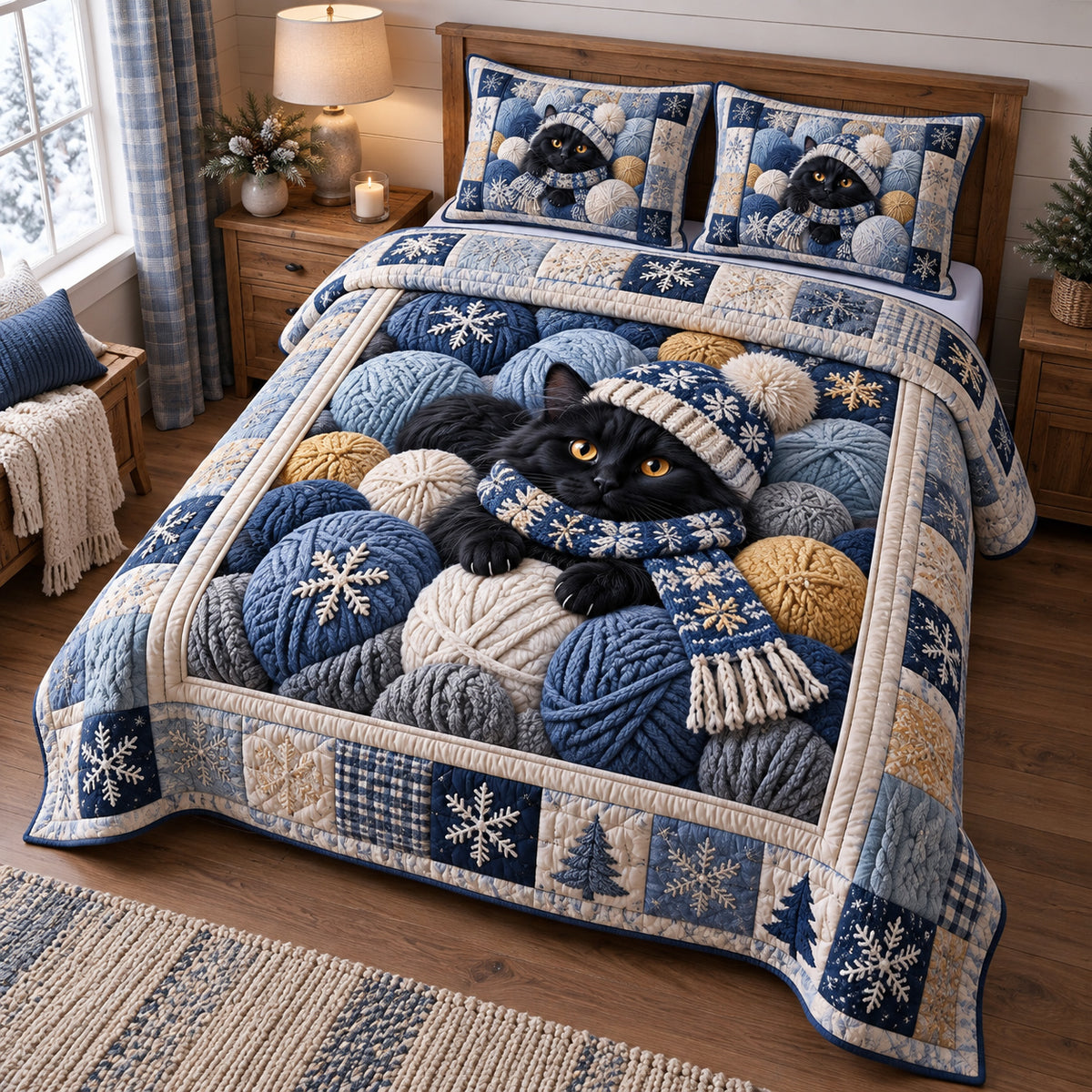Winter Yarn Cat 3-Piece Quilted Bedding Set GFTOTP21971