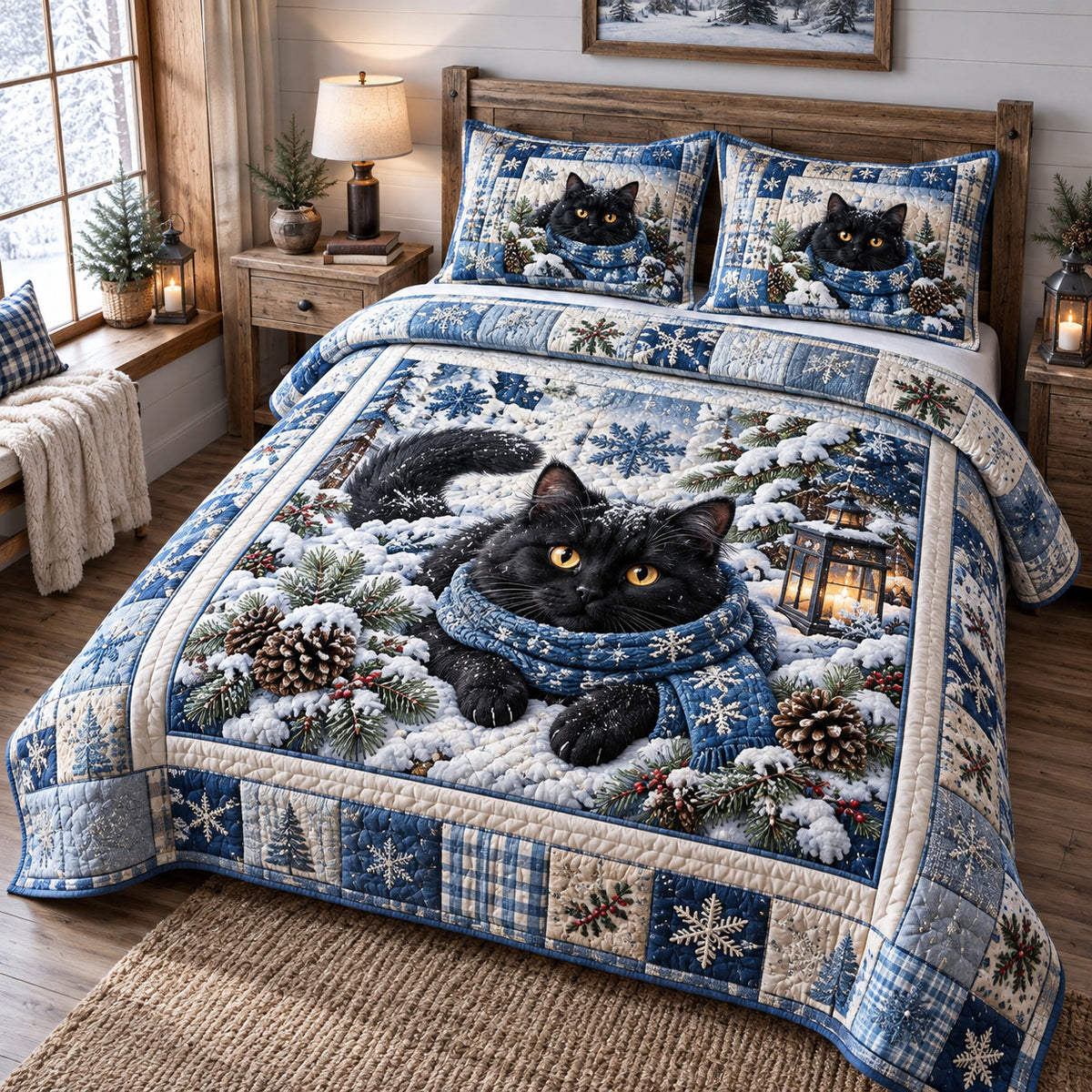 Snowy Winter Black Cat 3-Piece Quilted Bedding Set GFTOTP21972