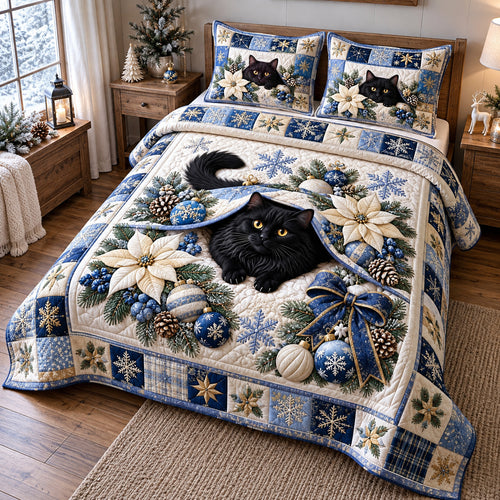 Blue Holiday Cat 3-Piece Quilted Bedding Set GFTOTP21973